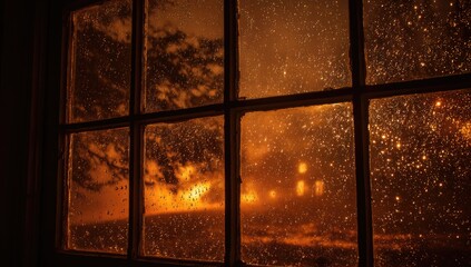 Rainy night view through a window. Warm, muted colors of a night scene outside