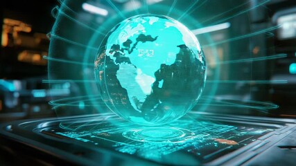 Futuristic hologram of planet earth rotating on a digital display - Powered by Adobe