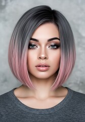 Captivating gaze of a woman highlighting her chic gray and pink colored bob hairstyle.

