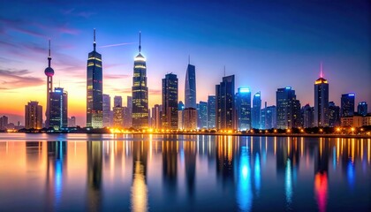 Obraz premium Sunset skyline view of shanghai's urban landscape cityscape photography vibrant night reflections modern architecture