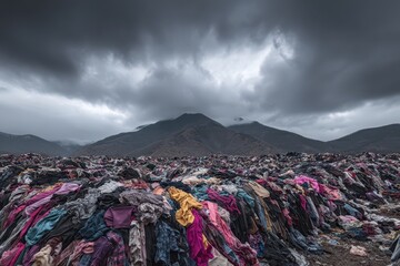 Huge pile of discarded clothes against a backdrop of mountains and dark skies. Highlight the environmental impact and waste produced by fast fashion.