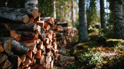 Pile of firewood stacked near forest, sunny light. Use this photo for nature, lumber industry, or fuel.