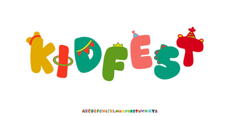 Fototapeta premium Kidfest fonts fun Colorful Cartoon Kids Font Alphabet. Fun Playful Bold Letters for Children Design, Posters, Games, Education, Birthday Party, Logo, Branding. Youthful typography. Vector typeset
