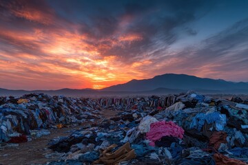 Massive textile waste landfill under a dramatic sunset sky landscape. Visualizes environmental issues, fast fashion impact, and pollution.