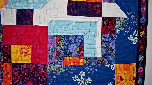 Colorful patchwork quilt with detailed stitching