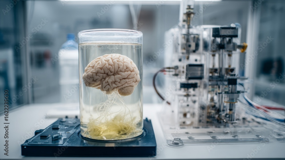 Poster cryogenically preserved brain in research laboratory surrounded by neurology instruments and advance