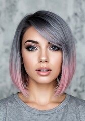A beautiful woman with a stylish gray to pink ombre bob haircut and captivating blue eyes.

