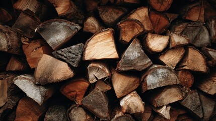 Pile of firewood stacked, brown logs cut and ready for winter. Perfect for rustic backgrounds, warmth themes, or home heating needs.