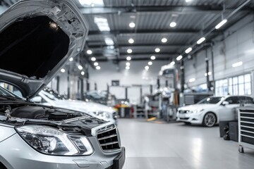 Modern car being serviced in a clean, well-lit automotive workshop auto service garage, showcasing maintenance, diagnostics, and mechanical repair environment.