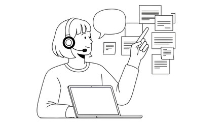 Person wearing headset with microphone pointing at documents near laptop with speech bubble customer service