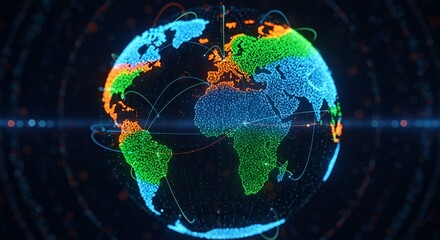 Digital globe illustration showcasing global connections and data transfer across continents, with a dark background.