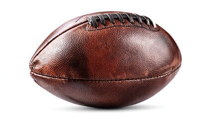 Aged brown leather American football on white