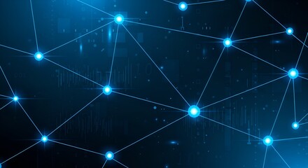 Abstract digital network illustration with glowing nodes and connecting lines against a dark blue background.