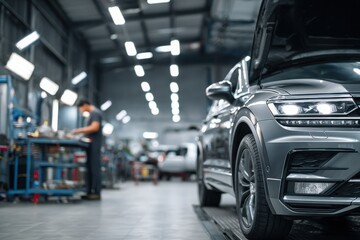 Naklejka na ściany i meble Modern car being serviced in a clean, well-lit automotive workshop auto service garage, showcasing maintenance, diagnostics, and mechanical repair environment.