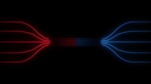 Abstract glowing neon lines waving copy space. Seamless loop animation of glowing horizontal neon line.