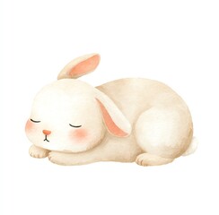 Adorable Watercolor Bunny, peacefully sleeping, a sweet and gentle creature, resting on a white background. A charming illustration.