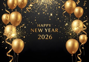 Golden Balloons, Confetti, and Ribbons Celebrate Happy New Year