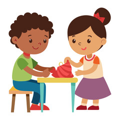 Silhouette vector illustration of two children making dolls