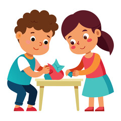 Silhouette vector illustration of two children making flowers