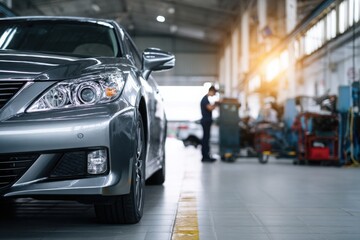 Modern car being serviced in a clean, well-lit automotive workshop auto service garage, showcasing maintenance, diagnostics, and mechanical repair environment.