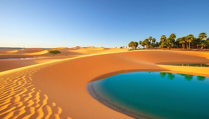 Brazil’s Jalapão State Park blends golden dunes, palm-covered oases, and cerulean spring pools. Strong winds sculpt curved sand lines, glowing under a cloudless sky.
