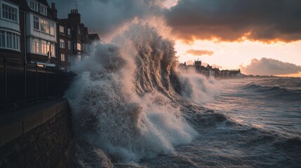 A dramatic wave crashes against coastal buildings under a stormy sky. The power of nature is captured in this stunning moment. Witness the beauty and force of the ocean. Generative AI