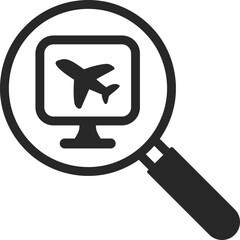 Magnifying glass searching for flight icon on screen to show travel planning and airline booking search.