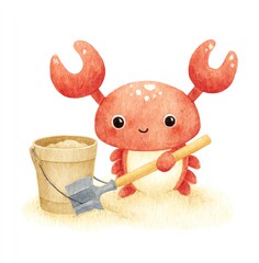 Cute Cartoon Crab Playing on the Beach with Bucket and Shovel
