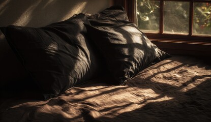 Dark pillows on a brown bed, sunbeams through a window