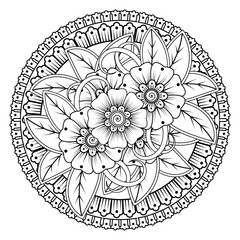 Mehndi flower pattern for Henna drawing and tattoo. Decoration in ethnic oriental  Indian style. Doodle ornament. Outline hand draw vector illustration.