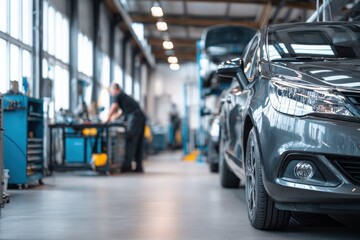Modern car being serviced in a clean, well-lit automotive workshop auto service garage, showcasing maintenance, diagnostics, and mechanical repair environment.