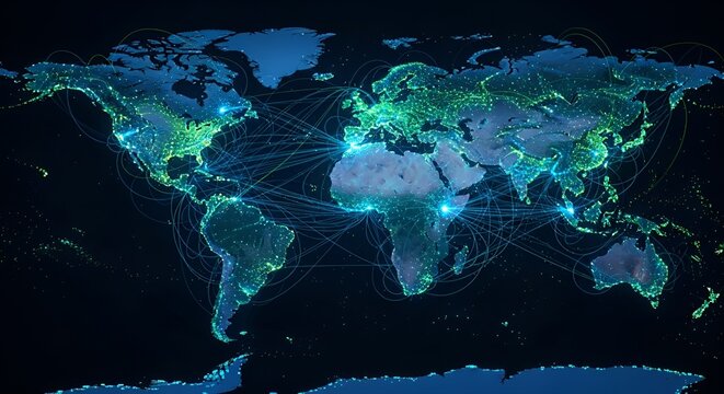 A digital world map highlighting global connections with glowing lights and lines representing data flow.