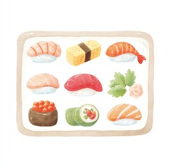 Assorted Sushi Platter Watercolor Illustration
