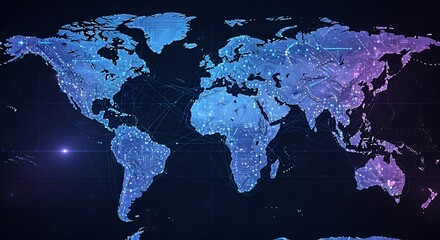 A stylized digital representation of the world map with interconnected nodes and glowing lines, highlighting global connectivity.