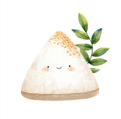 Cute Triangular Rice Cake with Sesame Seeds and Leaves