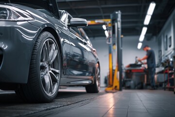 Modern car being serviced in a clean, well-lit automotive workshop auto service garage, showcasing maintenance, diagnostics, and mechanical repair environment.