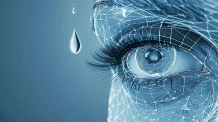 Close-up of a human eye with digital network overlay and water droplet, symbolizing technology and innovation - Powered by Adobe