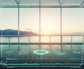 Futuristic interface overlooking coastal sunset scene