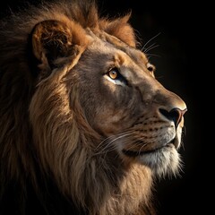 Naklejka premium Majestic male lion portrait with intense gaze against dark background