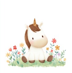 Cute Watercolor Unicorn in a Flower Meadow