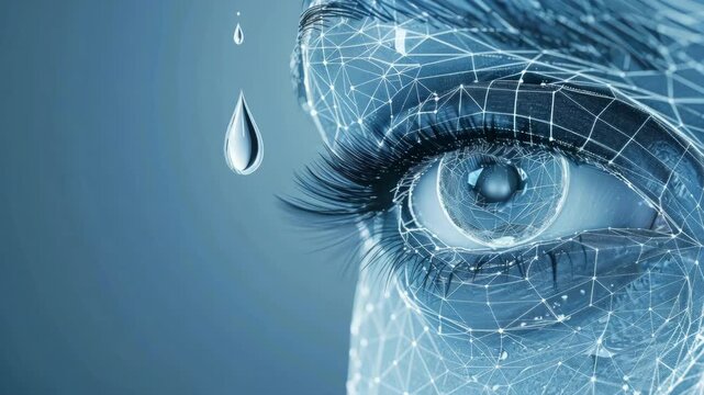 Close-up of a human eye with digital network overlay and water droplet, symbolizing technology and innovation - Powered by Adobe