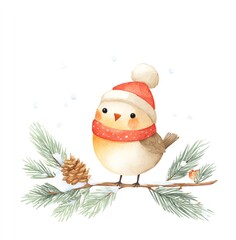 Cute Watercolor Bird on Snowy Pine Branch in Winter