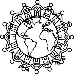 Illustration of world globe with people holding hands, isolated on white background