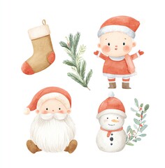 Cute Watercolor Christmas Characters and Elements