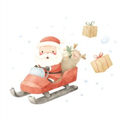 Santa Claus on Snowmobile Delivering Christmas Gifts