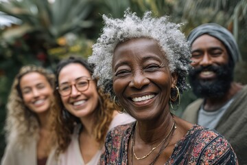 Smiling family posing outdoors in lush greenery, joyous expressions on their faces. Showcase multigenerational family bonds, love, and happy moments together.