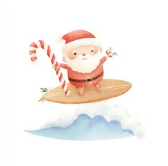 Santa Claus Surfing a Wave with Candy Cane