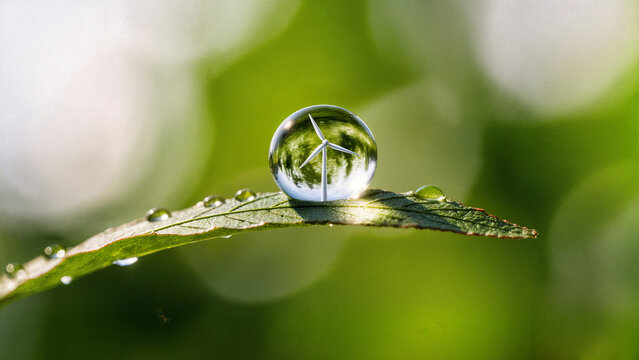 Macro shot of a green leaf with a water droplet reflecting a wind turbine &ndash; concept of clean energy and sustainability