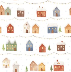 Watercolor Christmas Village Seamless Pattern