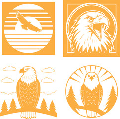 Eagle Vector Art Collection Bold Graphics of American Bald Eagles in Flight and Perched Against Nature Backdrops Depicted in Silhouette